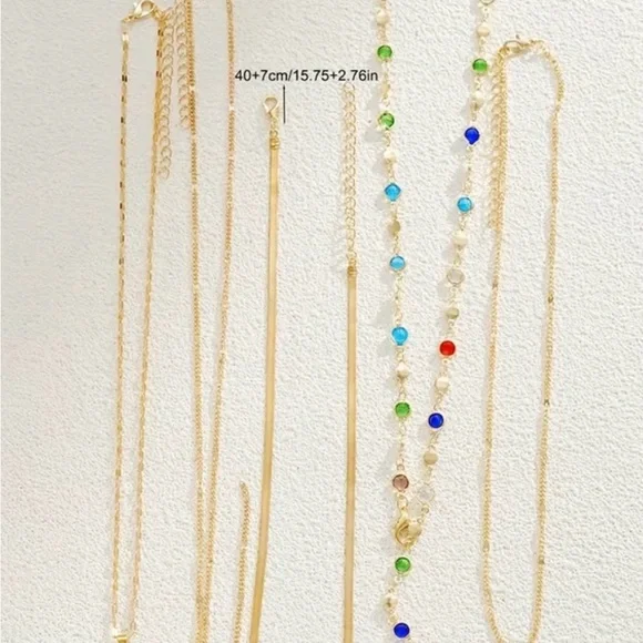 5 pc Set Gold Multi-Color Gem Layered Necklace - Picture 4 of 5